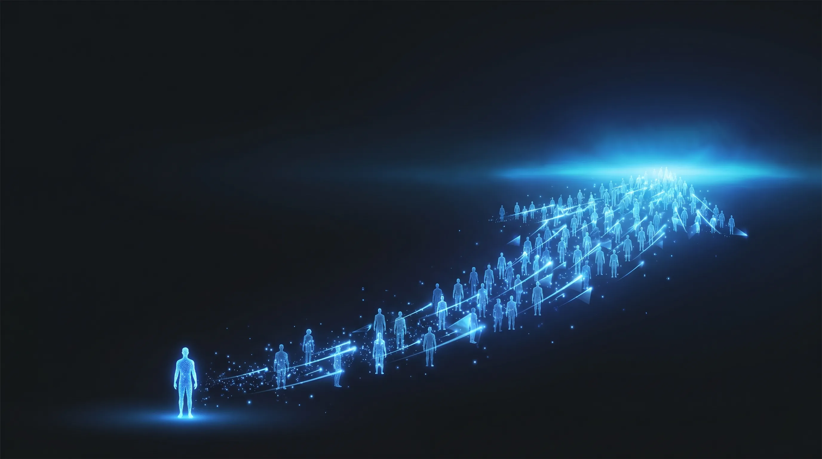 A single figure multiplying into a growing crowd along an exponential curve, illustrating 1x to 100x productivity growth with AI